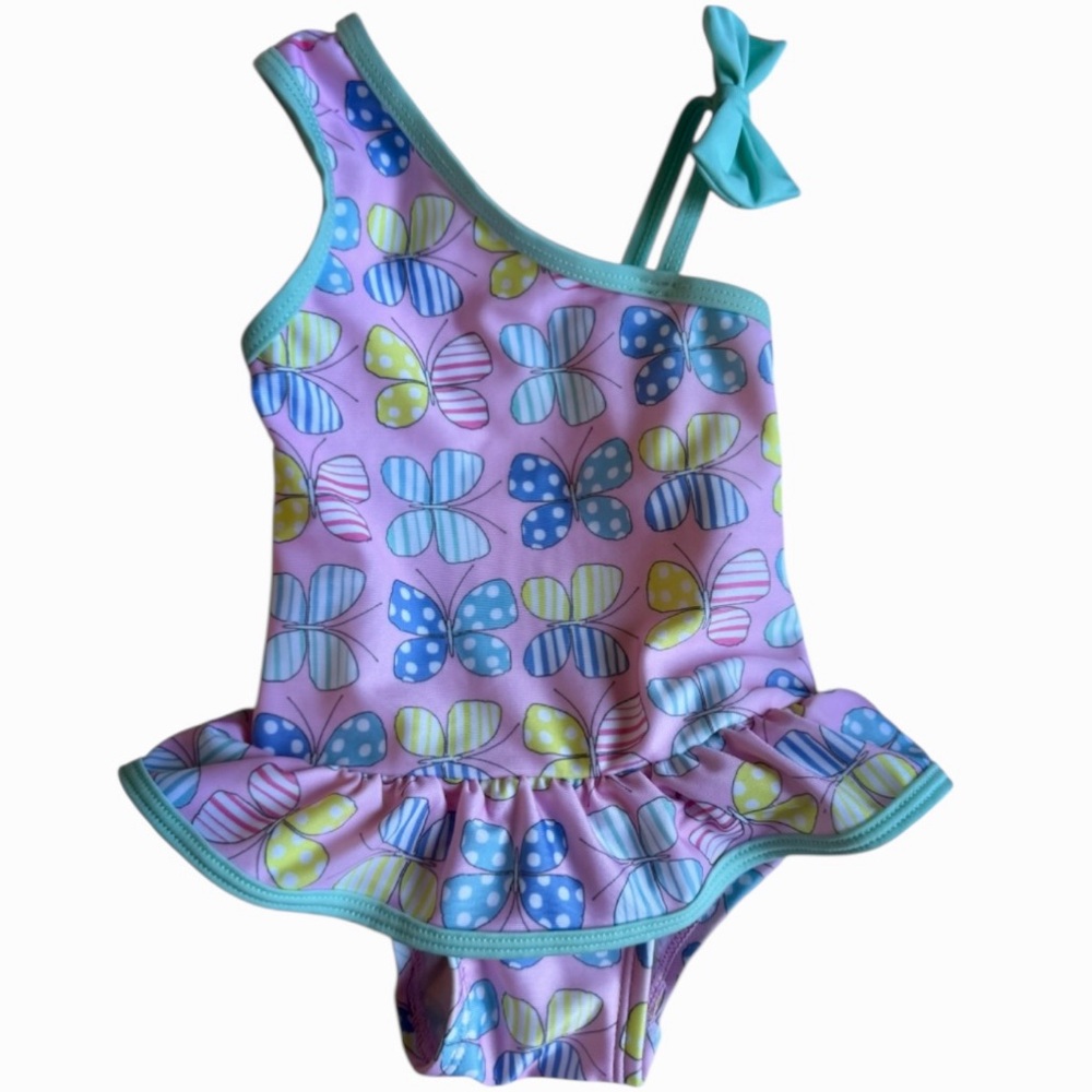 Floatimini Purple and Blue One Piece Swimsuit with Butterfly print and Bow 12M